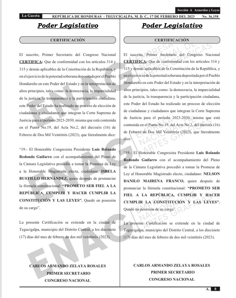 Publicado en el Diario Oficial La Gaceta el decreto que acredita a los magistrados de la Corte Suprema de Justicia para el período 2023 - 2030